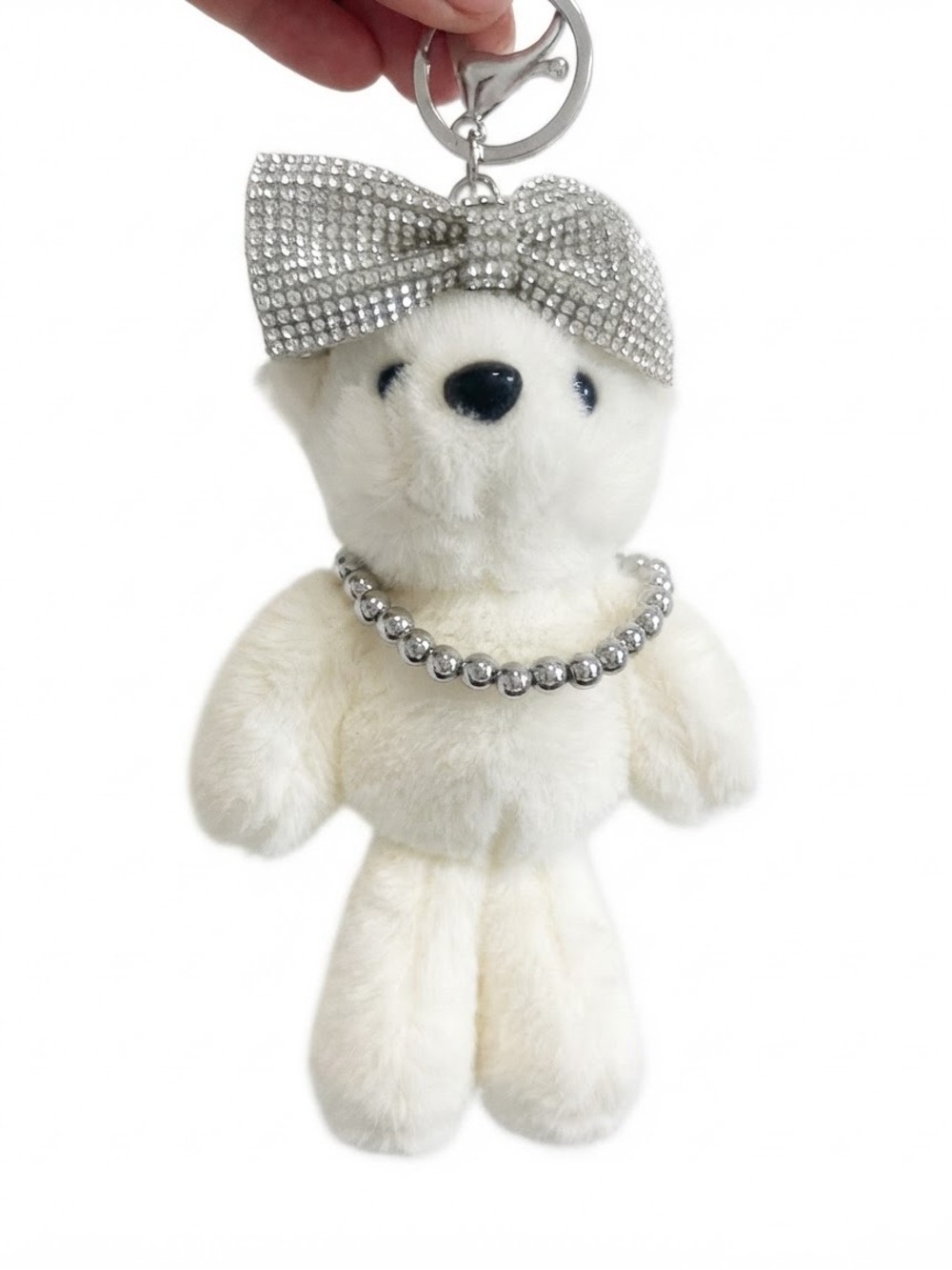 Aldo Coquette White Plush Teddy Bear Keychain Bag Charm with Rhinestone Bow